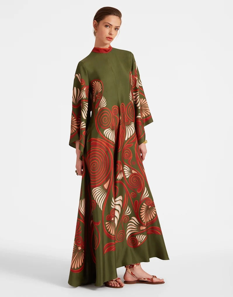 Women's Printed Maxi Dress – Stand Collar Flared Sleeve A-Line Gown