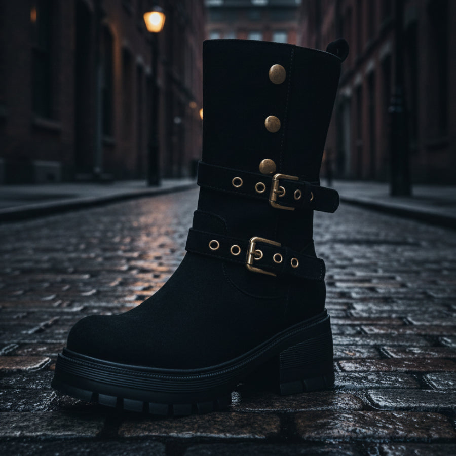 Women's Punk Moto Boots – Dual Buckle Strap Studded Platform Block Heel