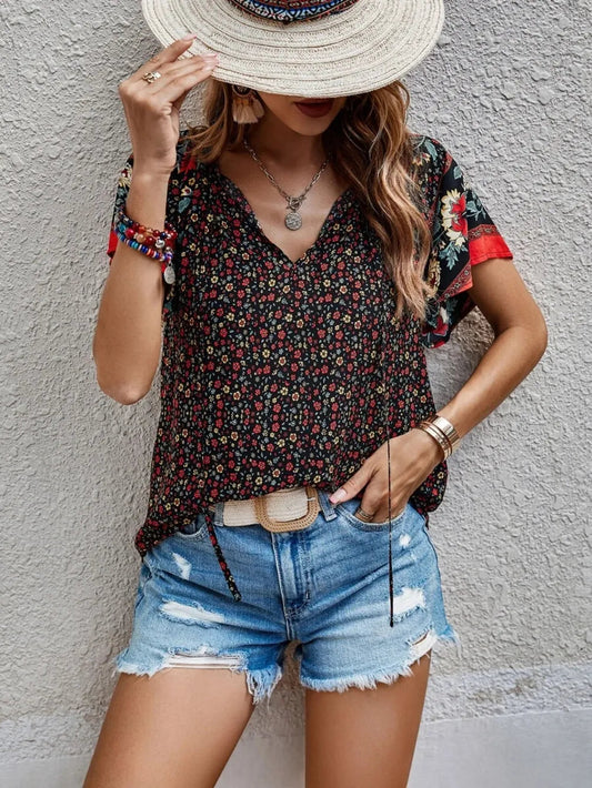 Printed Tie Neck Short Sleeve Blouse – Feminine Everyday Style