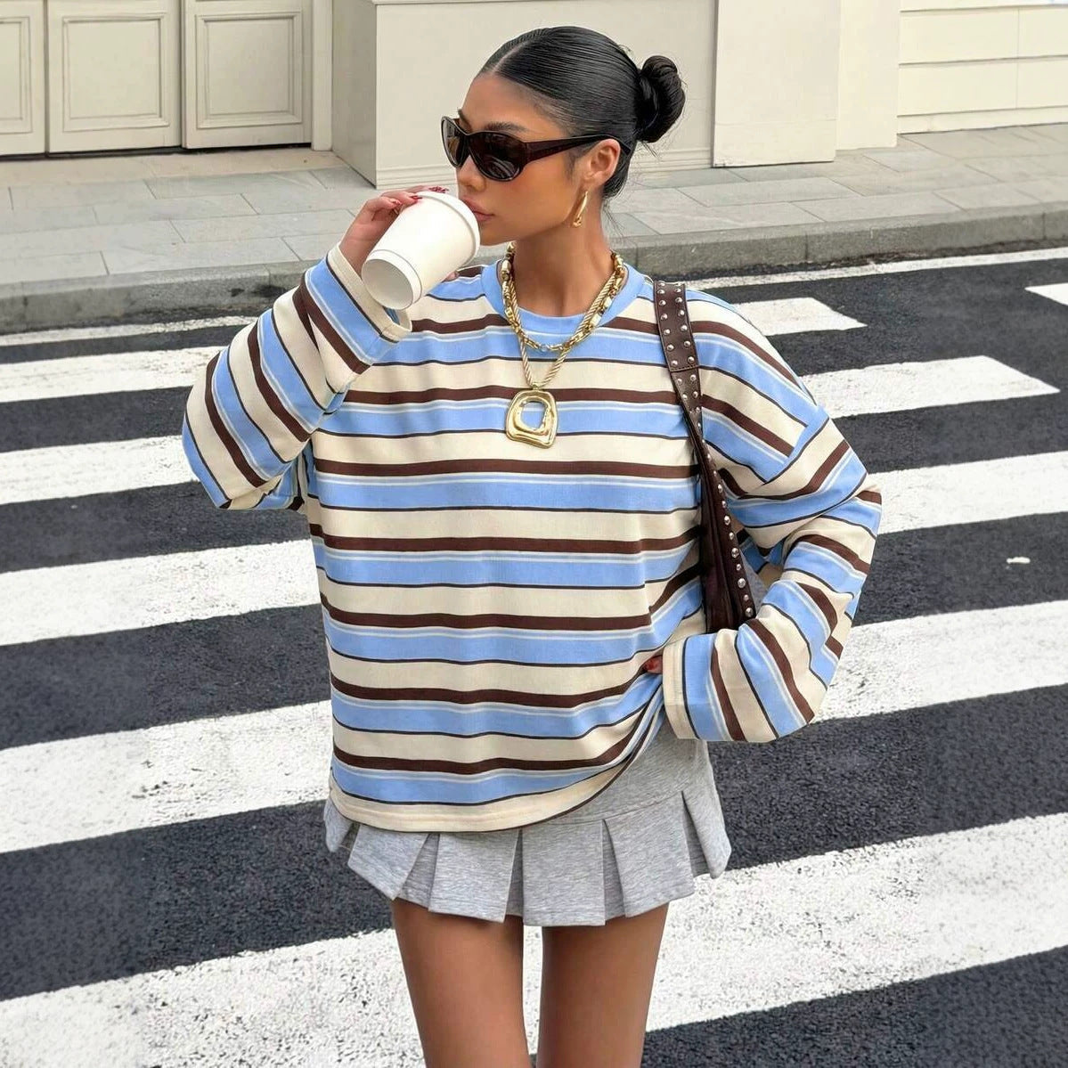 Women's Striped Oversized Pullover Sweatshirt – Round Neck Long Sleeve Top