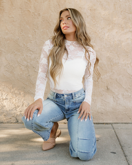 Sheer Floral Lace Top - White