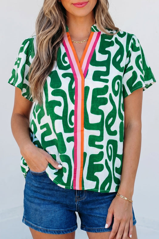 Abstract Stripe Trim V-Neck Short Sleeve Blouse