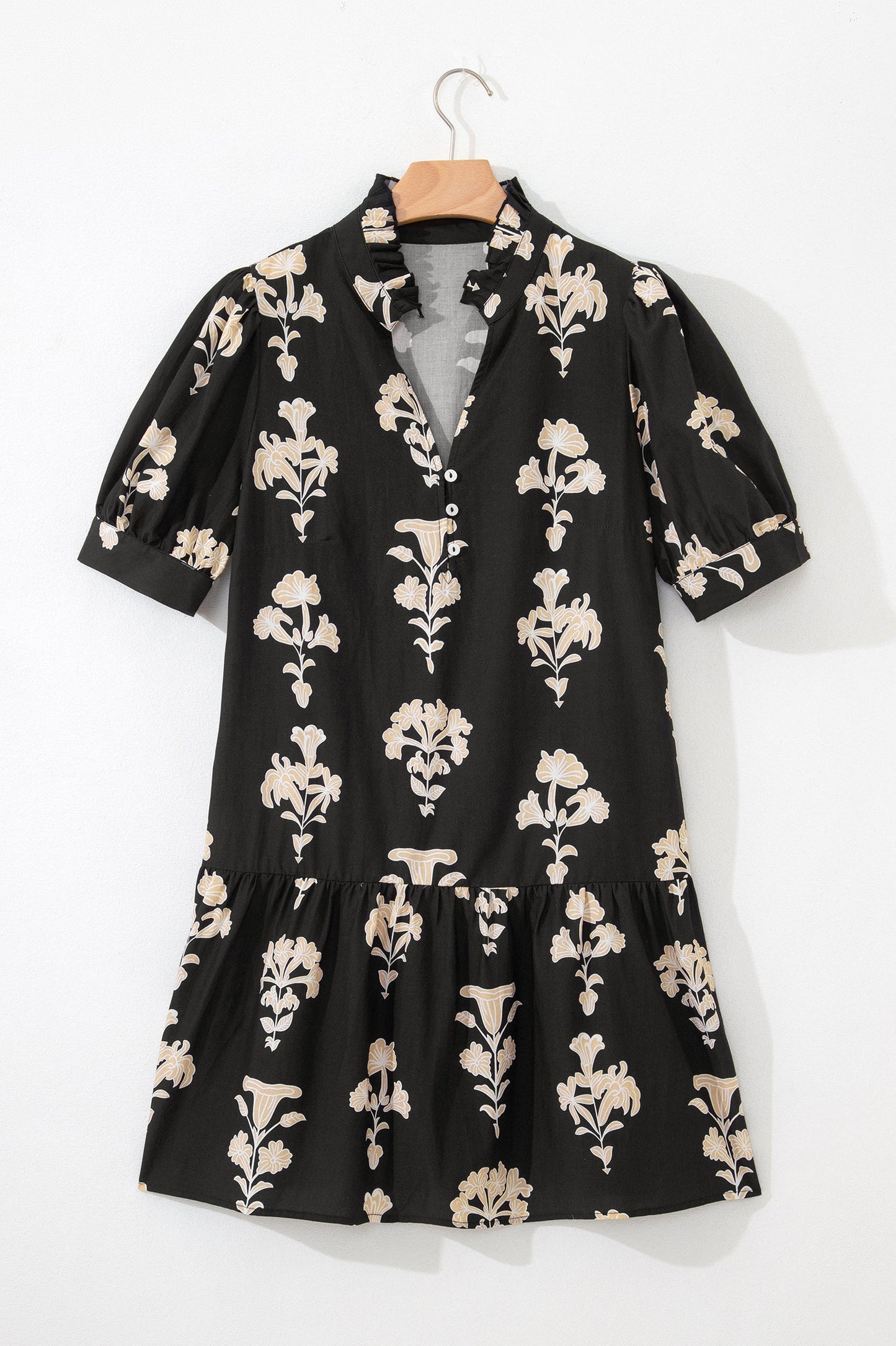 Floral Frilled V-Neck Puff Sleeve Mini Dress