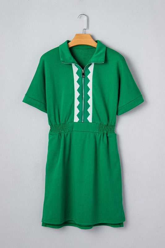 Geometric Patchwork Half-Zip Elastic Waist Dress