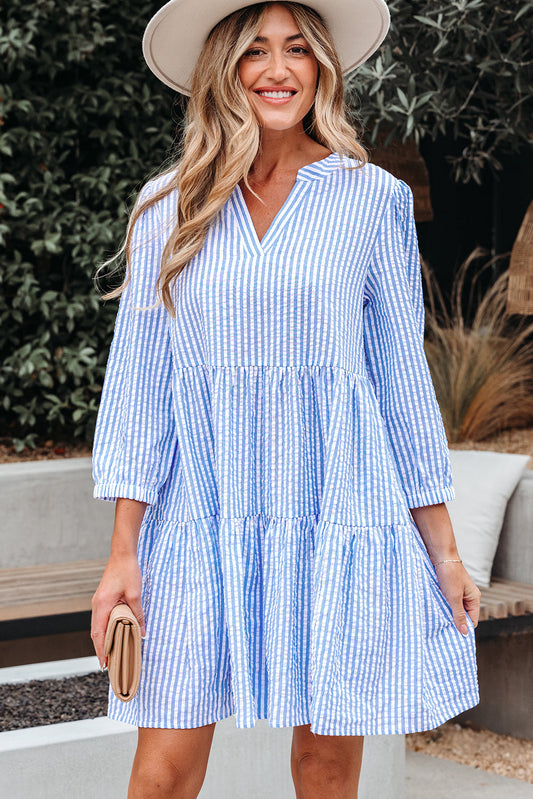 Stripe 3/4 Sleeve Pocketed Tiered Dress