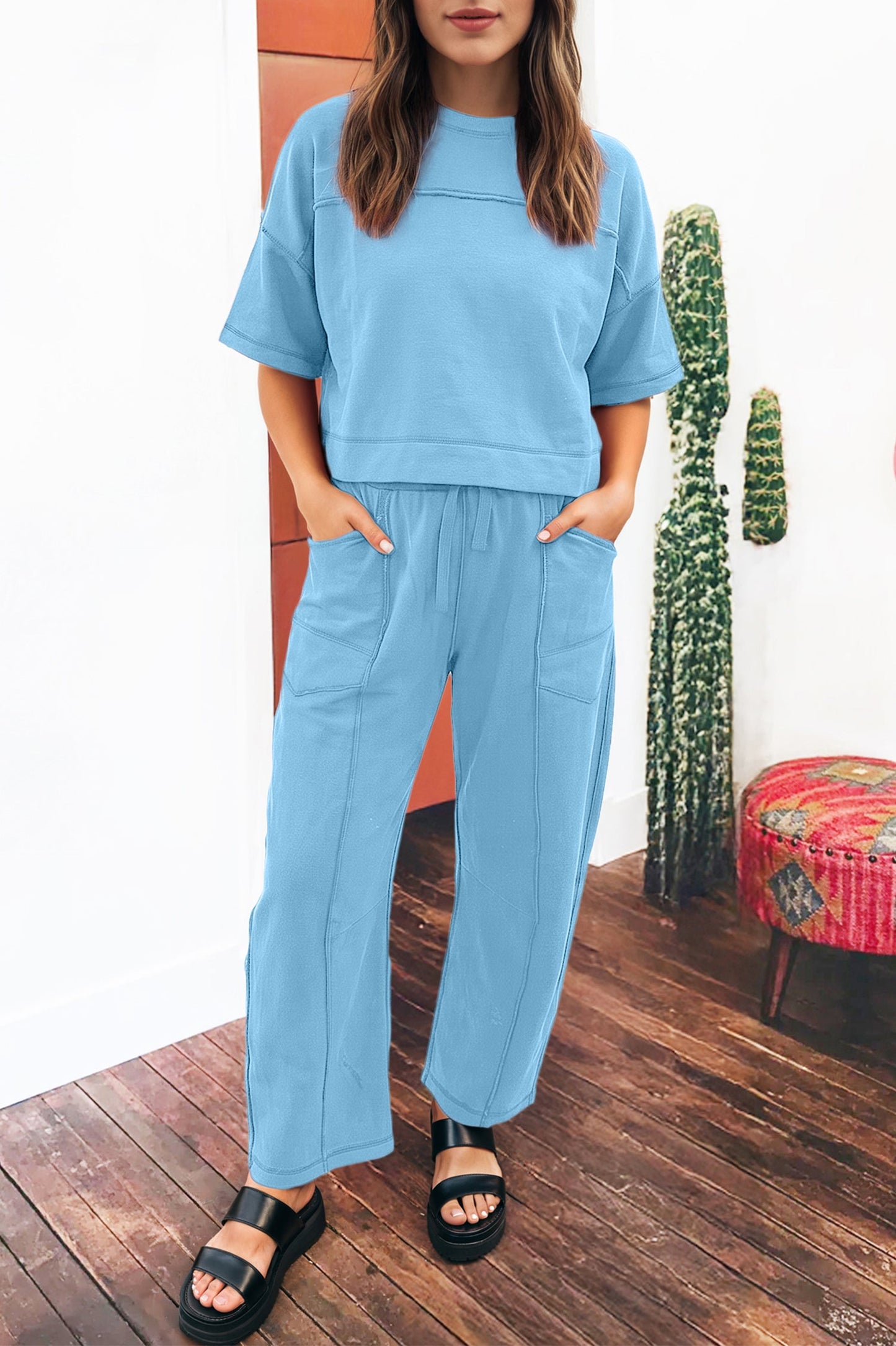 Solid Drop Shoulder Boxy Tee & Barrel Pants Set