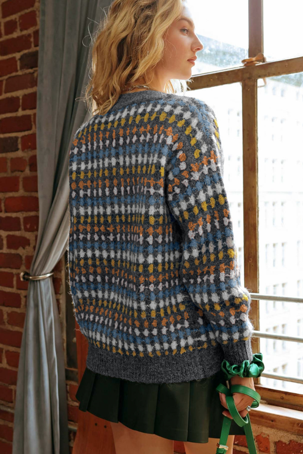 Multicolour Dotty Pattern Knit Button Front V Neck Sweater Cardigan