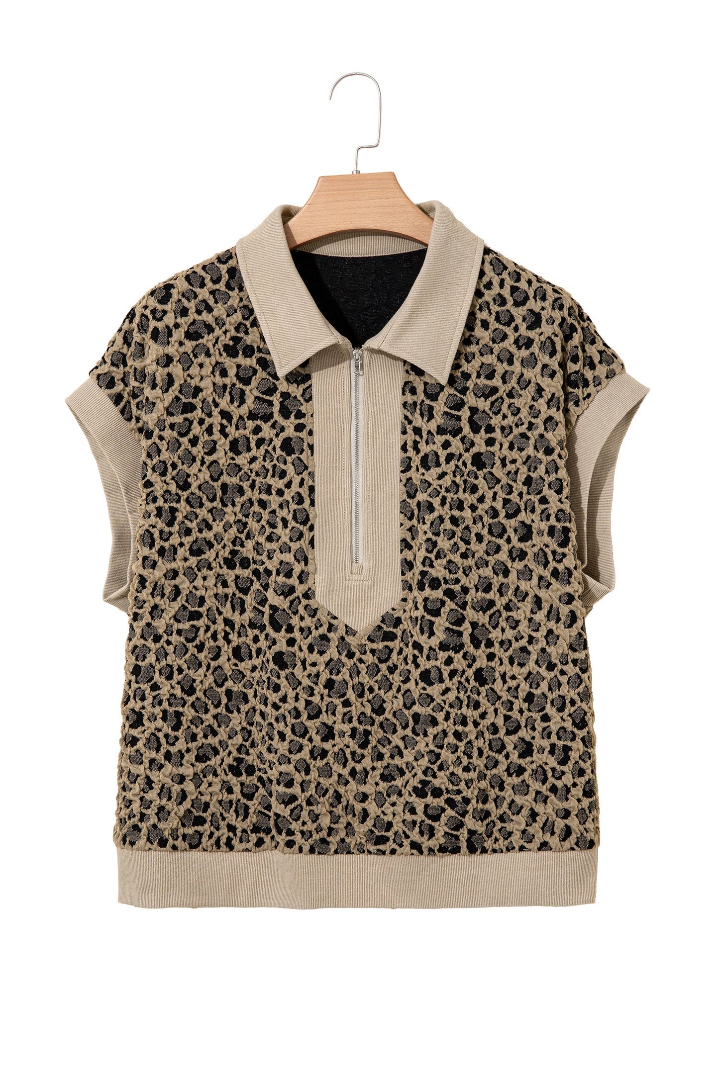 Plus Size Leopard Patchwork Ribbed Zip Up Collar Top