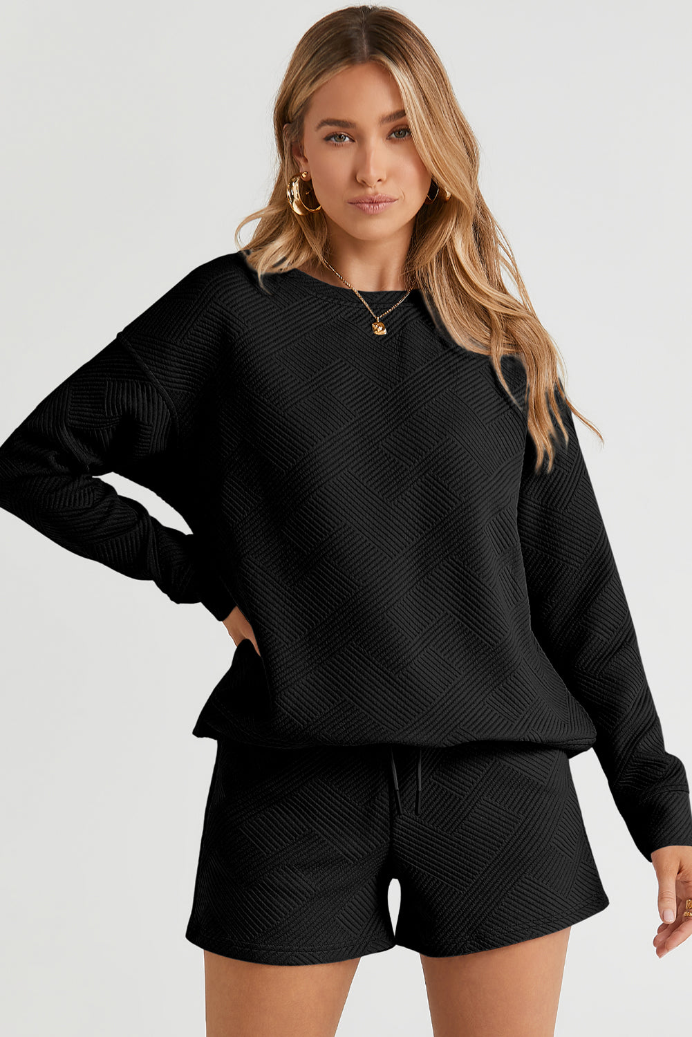 Textured Long Sleeve Top and Drawstring Shorts Set
