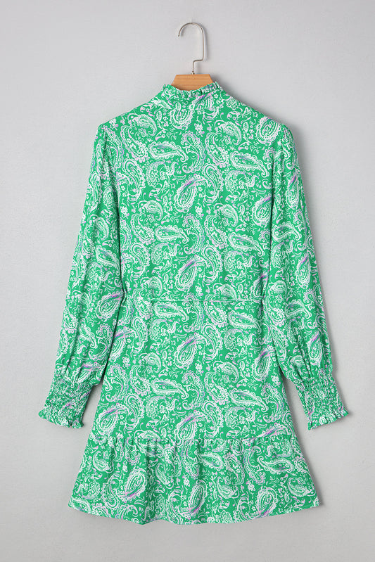 Paisley Button-Front Tied Waist Mini Dress
