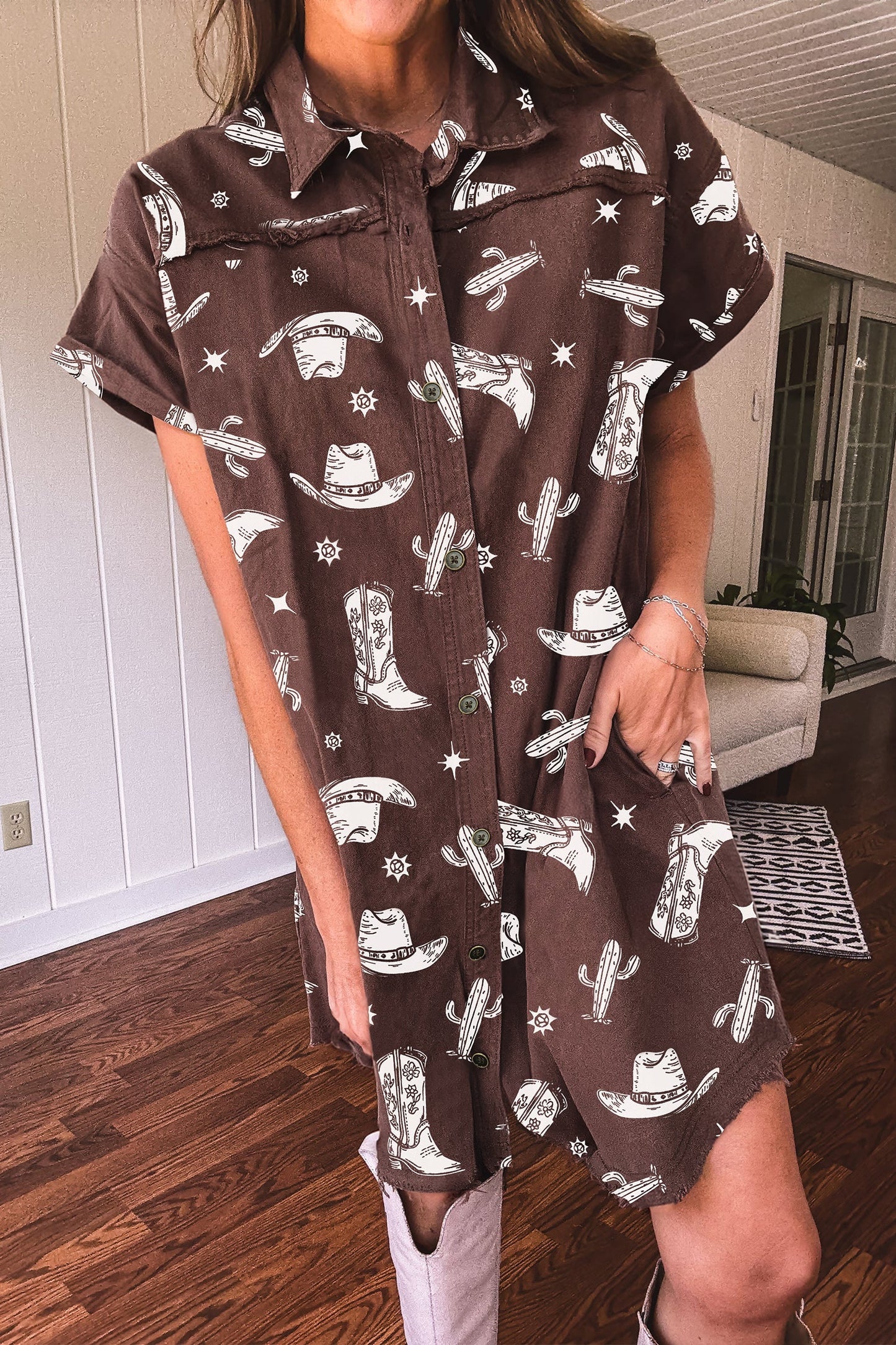 Western Cowgirl Cactus Raw Edge Denim Dress