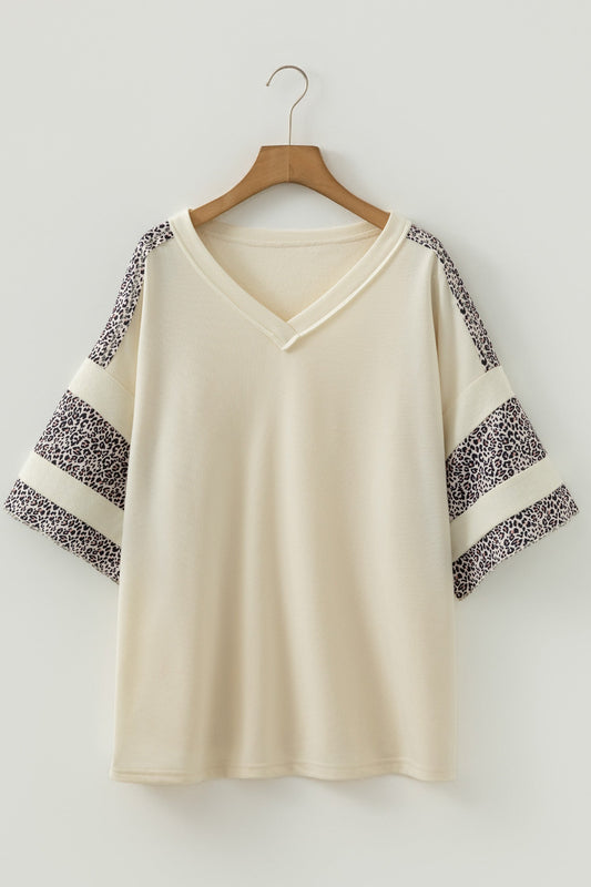 Plus Size Leopard Patchwork V-Neck Short Sleeve Top