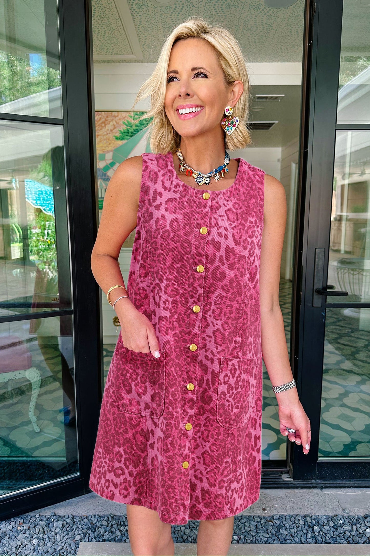 Leopard Denim Buttoned Sleeveless Dress