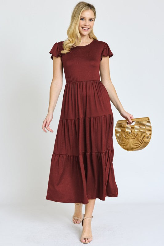 Solid Flutter Sleeve Tiered Tea Length Dress