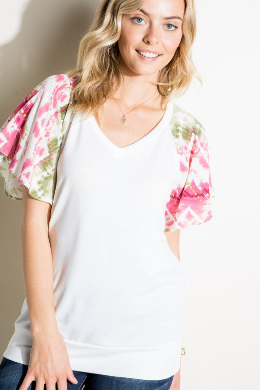 V NECK SHORT FLAIR SLEEVE TOP