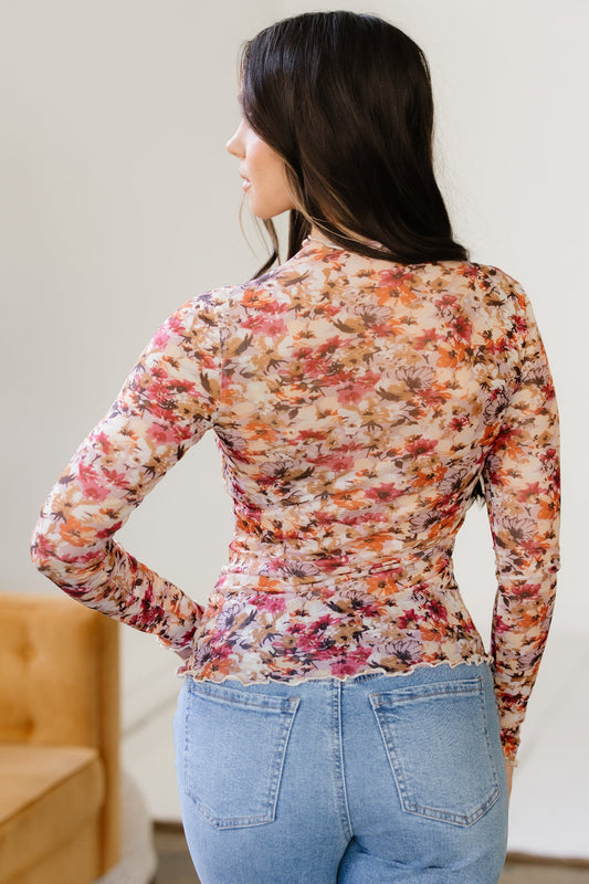 Floral Mesh Lettuce Trim Long Sleeve Top