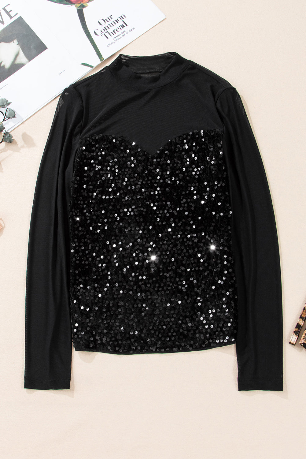 Velvet Sequin Sheer Mesh Long Sleeve Blouse