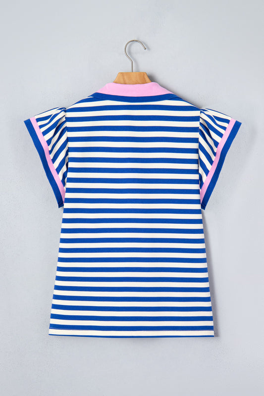 Stripe Contrast Trim Polo Collar Ruffle Sleeve Blouse