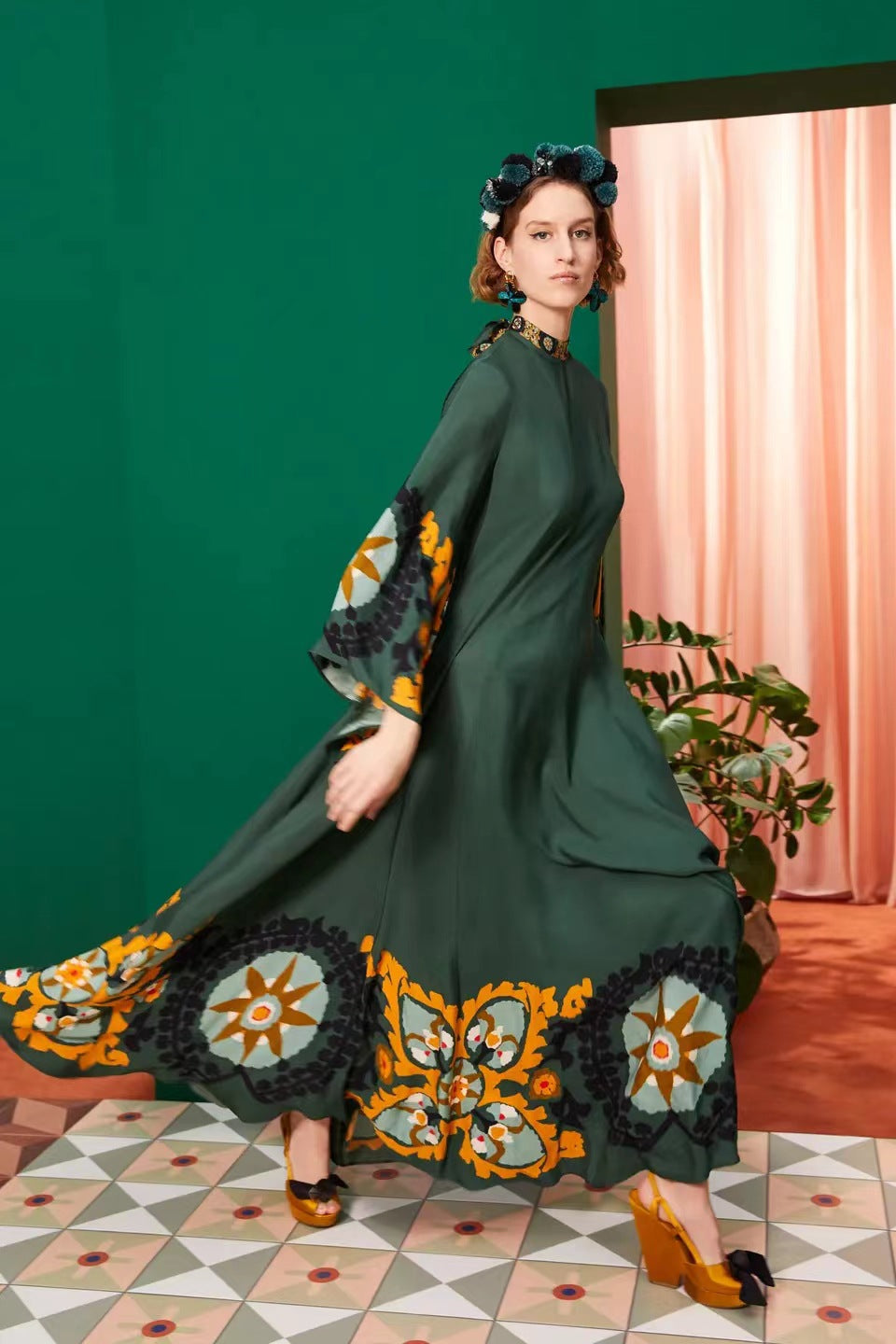 Women's Printed Maxi Dress – Stand Collar Flared Sleeve A-Line Gown