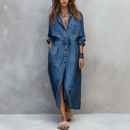 Women's Drawstring Waist Shirt Dress – Long Sleeve A-Line Midi