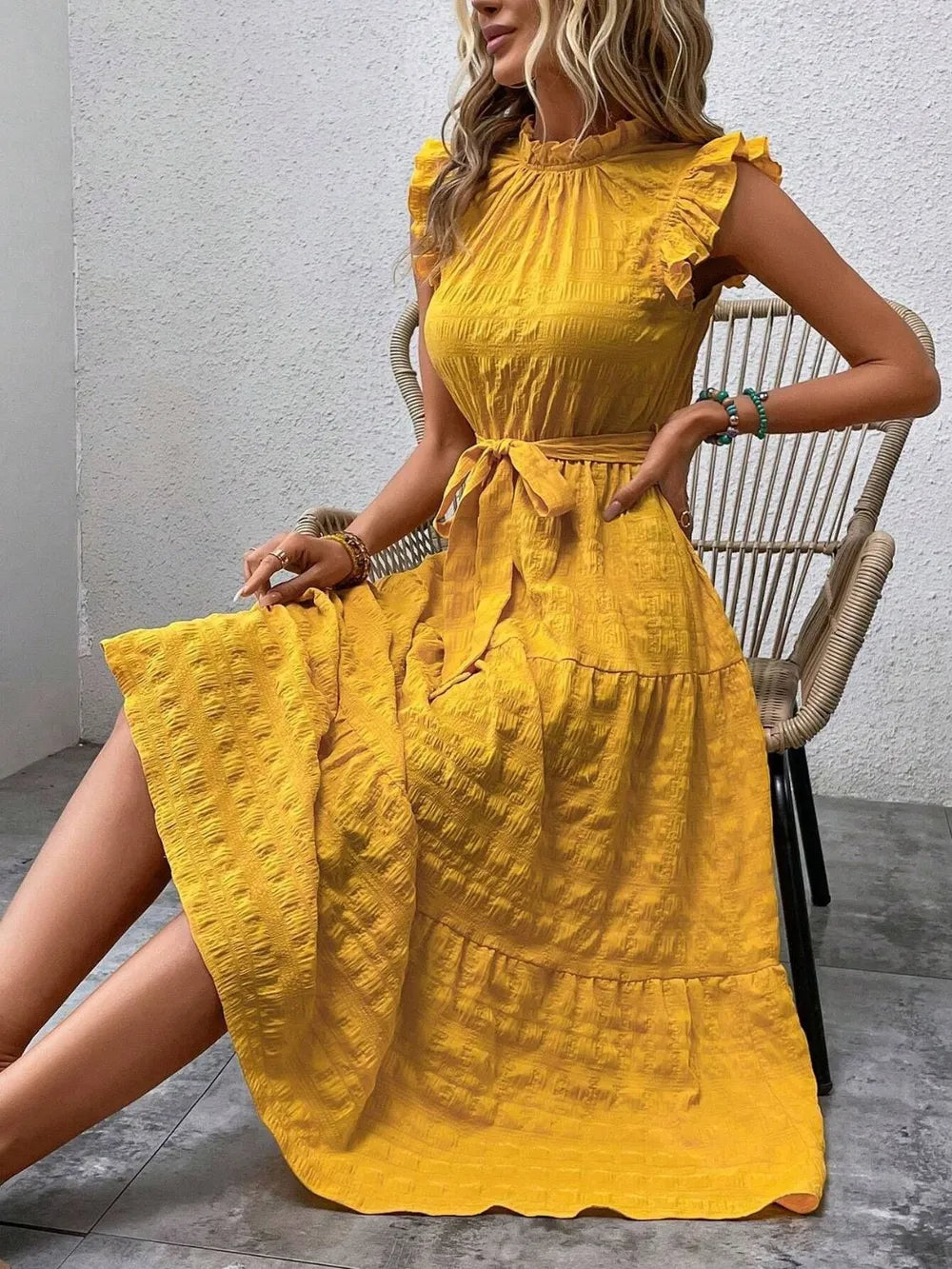 Tied Ruffled Cap Sleeve Midi Dress – Feminine Flowy Style