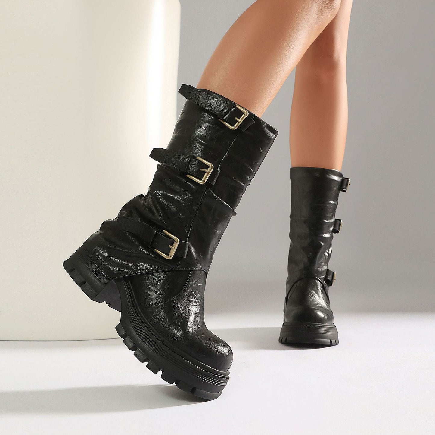 Women's Triple Buckle Moto Boots – Distressed PU Chunky Platform Block Heel