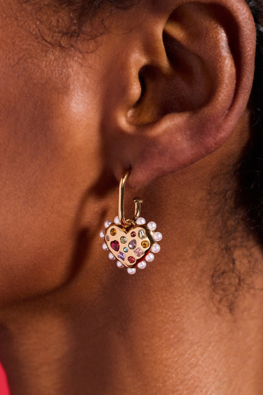 Puffy Heart Gemstone And Pearl Charm Hoop Earrings