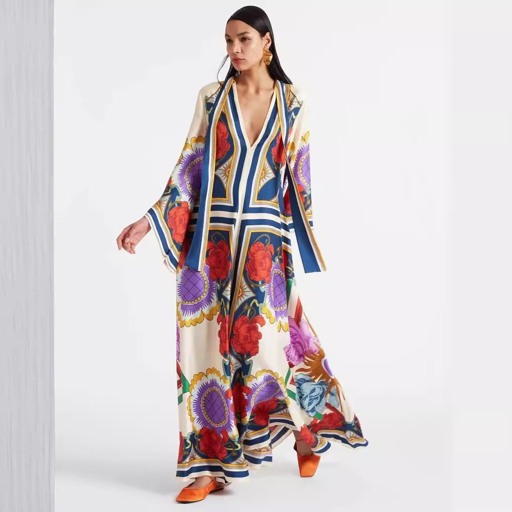 Women's Printed Maxi Dress – Stand Collar Flared Sleeve A-Line Gown