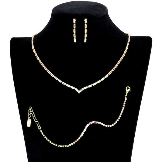 3PCS Chevron Accented Rectangle Stone Necklace Jewelry Set