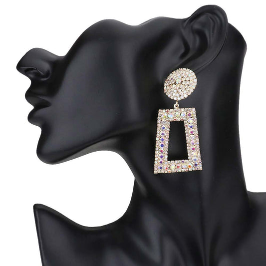 Rhinestone Pave Open Rectangle Dangle Evening Earrings