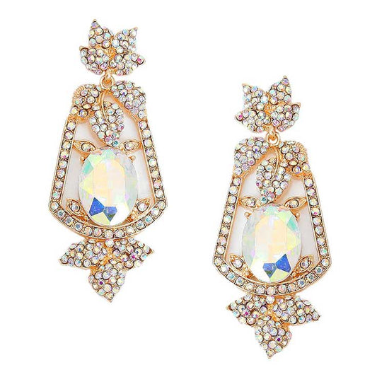 Oval Crystal Rhinestone Leaf Evening Earrings