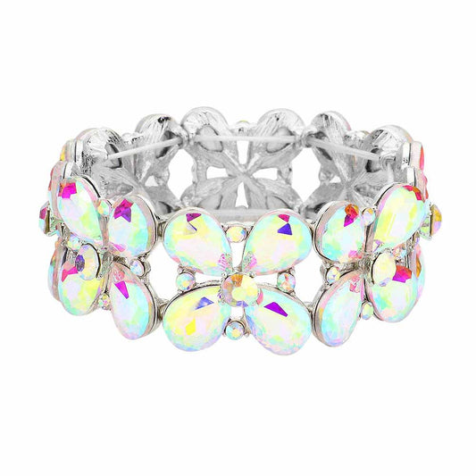 Floral Teardrop Glass Crystal Stretch Evening Bracelet