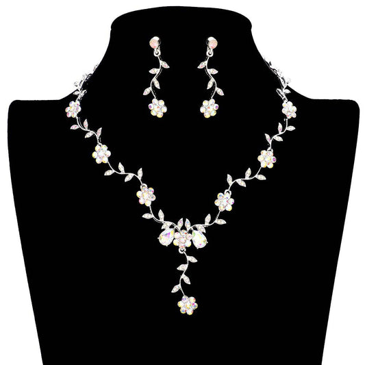 Flower Leaf Cluster Vine Rhinestone Necklace