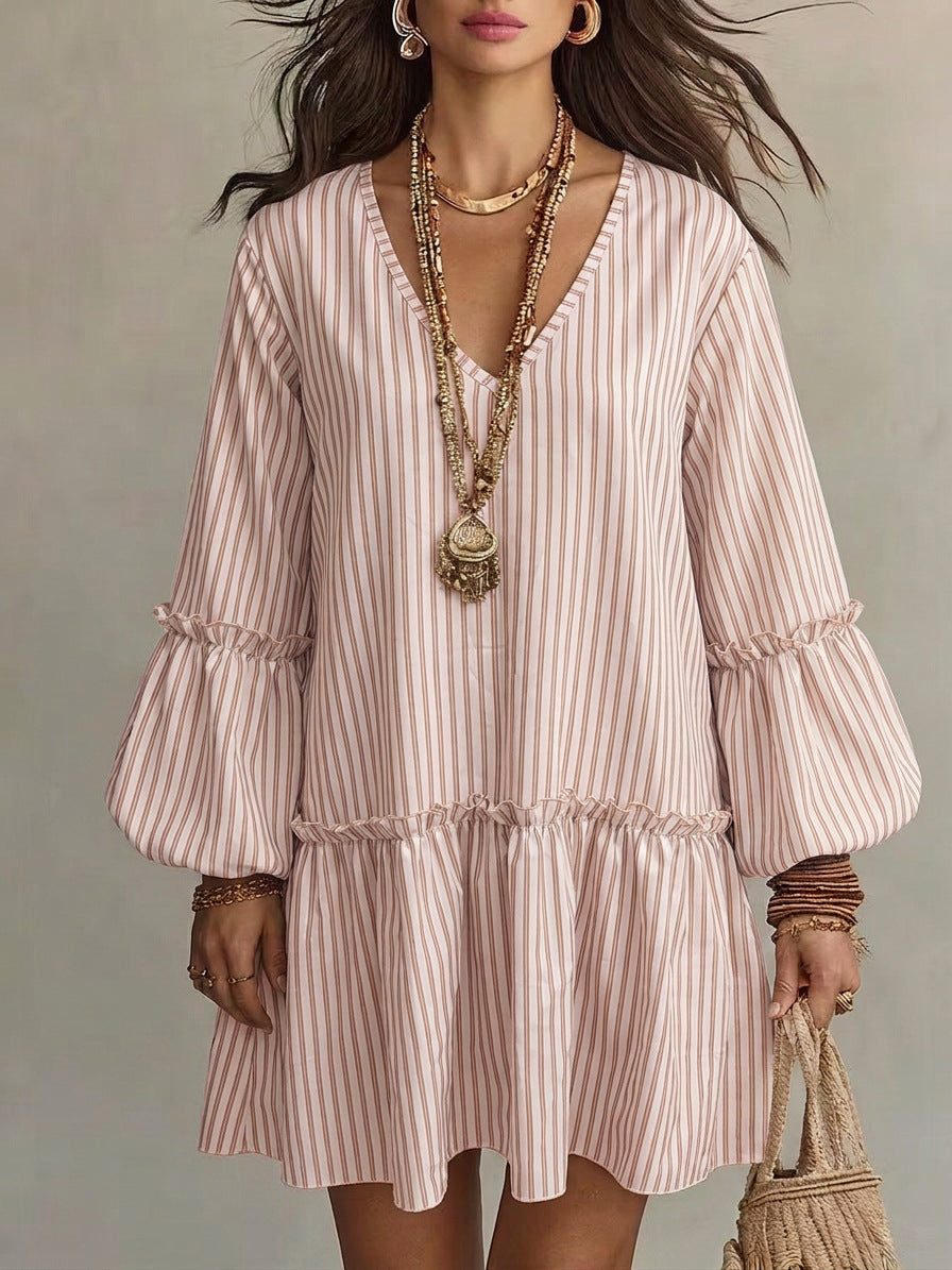 Women's Stripe Print V-Neck Lantern Sleeve Mini Dress