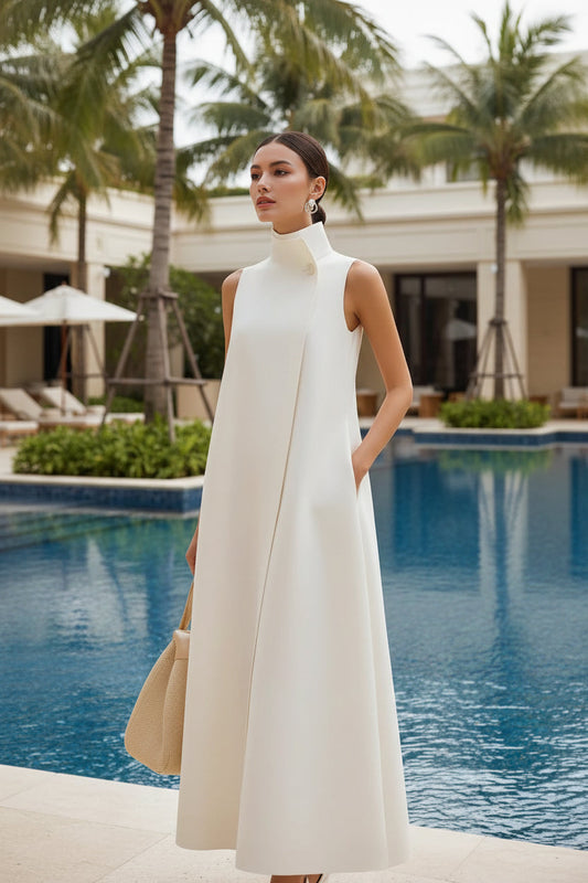 Elegant Sleeveless Long Dress – Stand Collar Office & Casual Dress