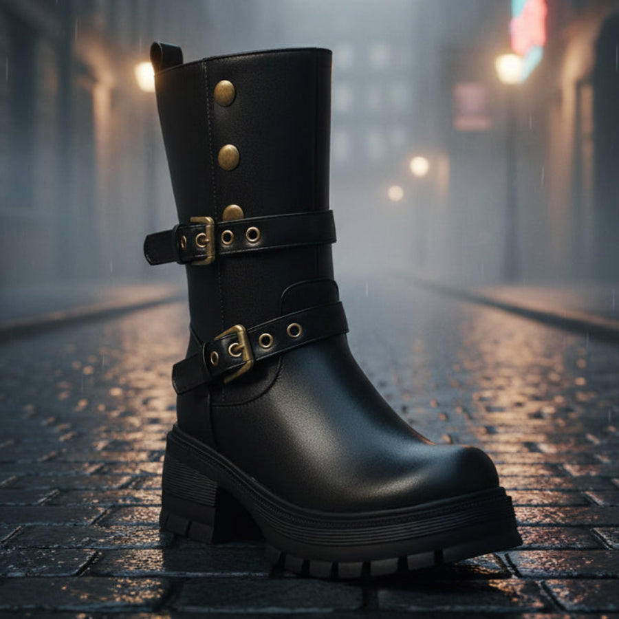 Women's Punk Moto Boots – Dual Buckle Strap Studded Platform Block Heel
