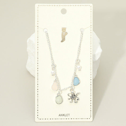 Octopus Sea Glass Pearl Charm Station Anklet