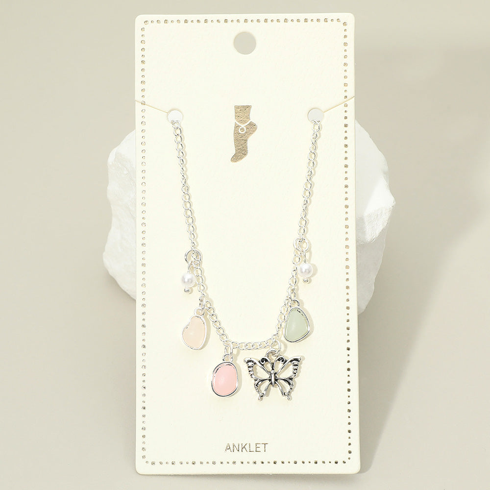 Butterfly Sea Glass Pearl Charm Station Anklet