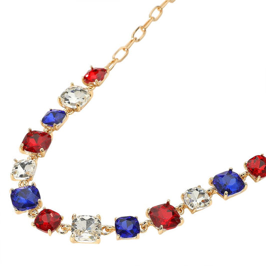 American USA Cushion Square Stone Link Evening Necklace