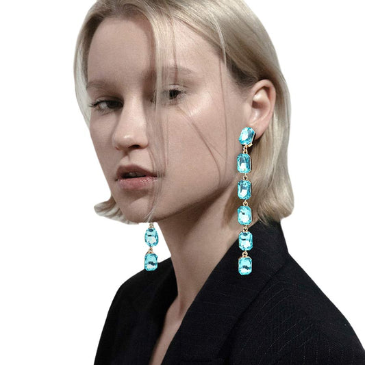 Emerald Cut Stone Link Dangle Evening Earrings