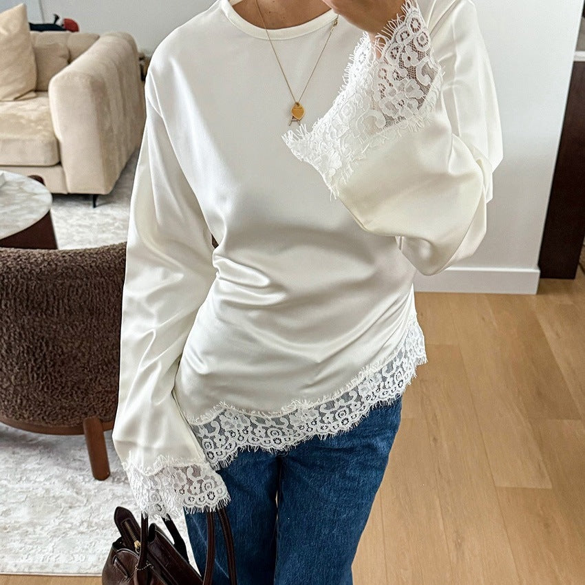 Round Neck Irregular Hem Long Sleeve T-Shirt for Women