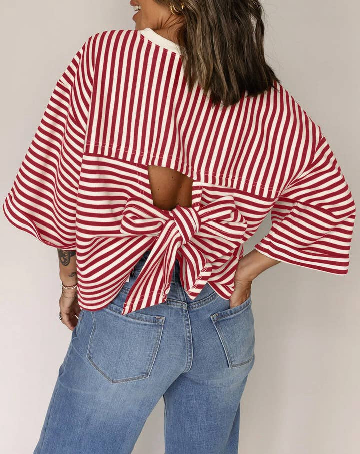 Women's Striped Back Tie-Bow Pullover Top – Round Neck 3/4 Sleeve
