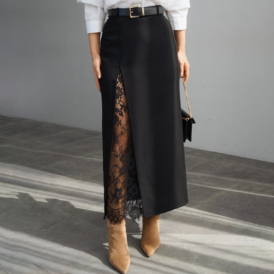 Side Slit Lace Patchwork Maxi Skirt