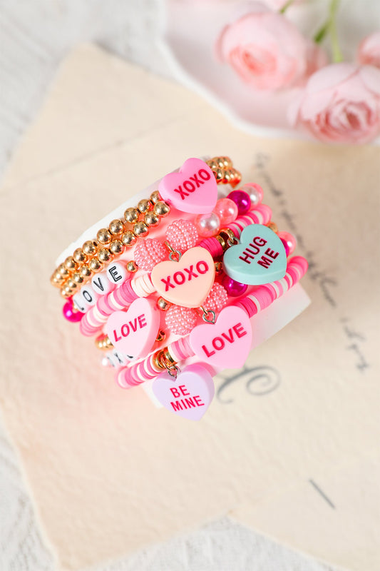 Valentine Heart Pendant Beaded Elastic Bracelet