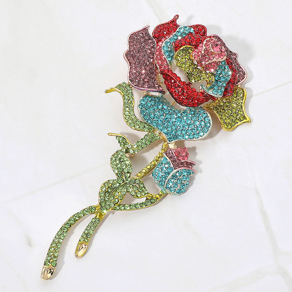 Bold Elegant Rhinestone Rose Stem Pin Brooch