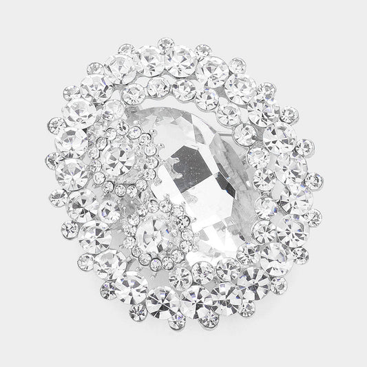 Oval Glass Crystal Double Flower Pin Brooch