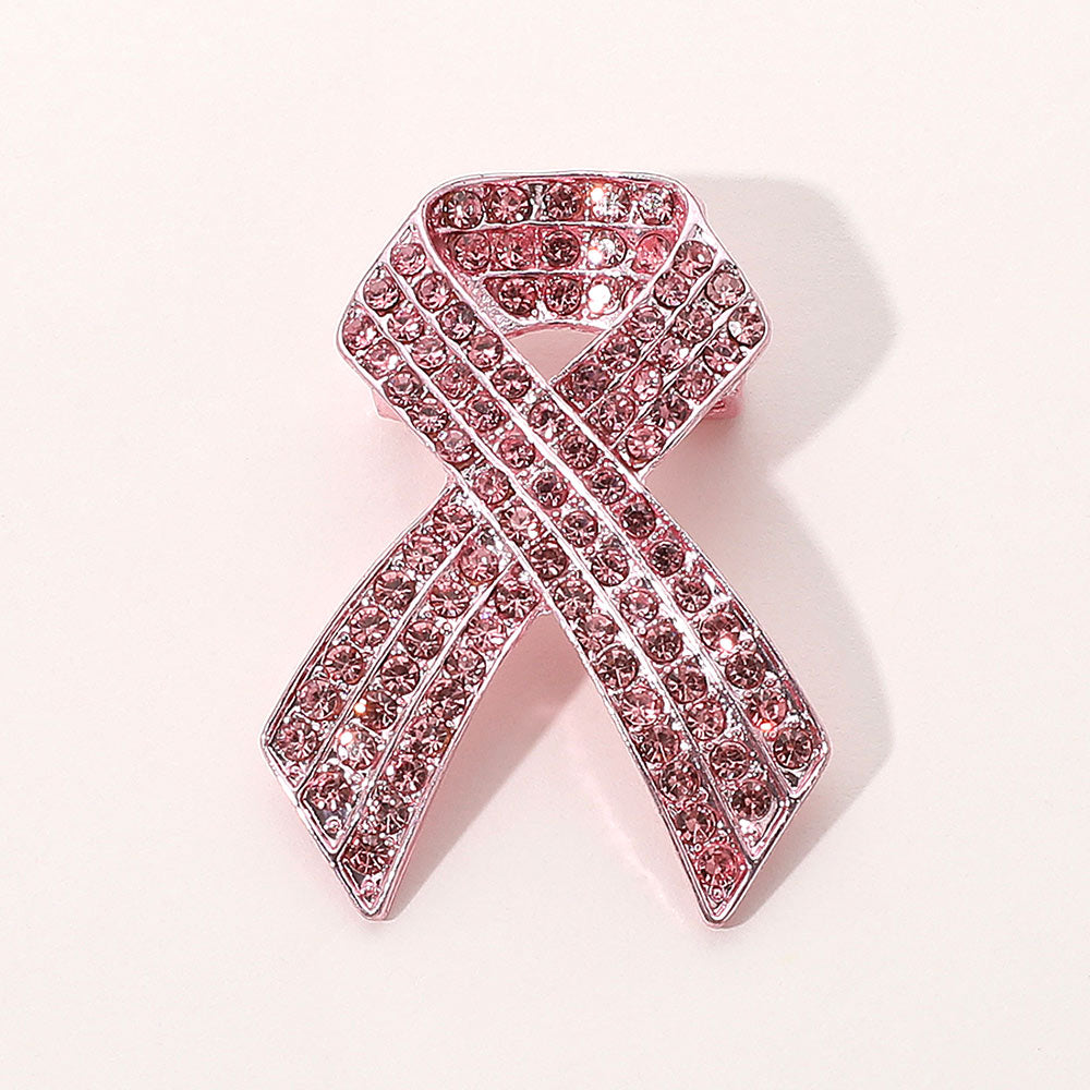 Rhinestone Embellished Pink Ribbon Pin Brooch