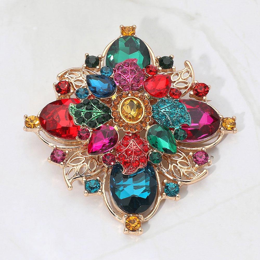 Bold Vintage Floral Rhinestone Pin Brooch
