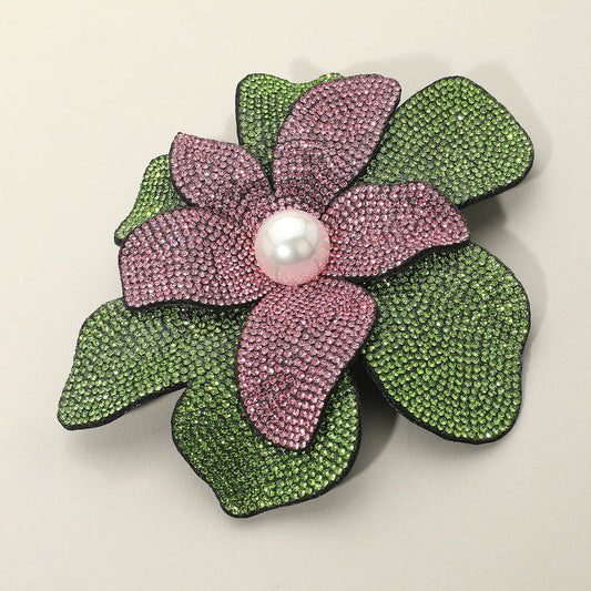 Women's Pearl Accent Bling Studded Flower Pin Brooch Alligator Snap Hair Clip