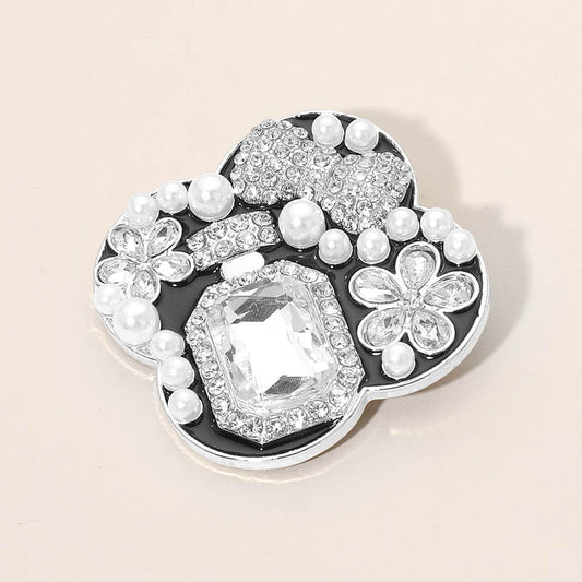 Floral Pearl Bow Embellished Pin Brooch